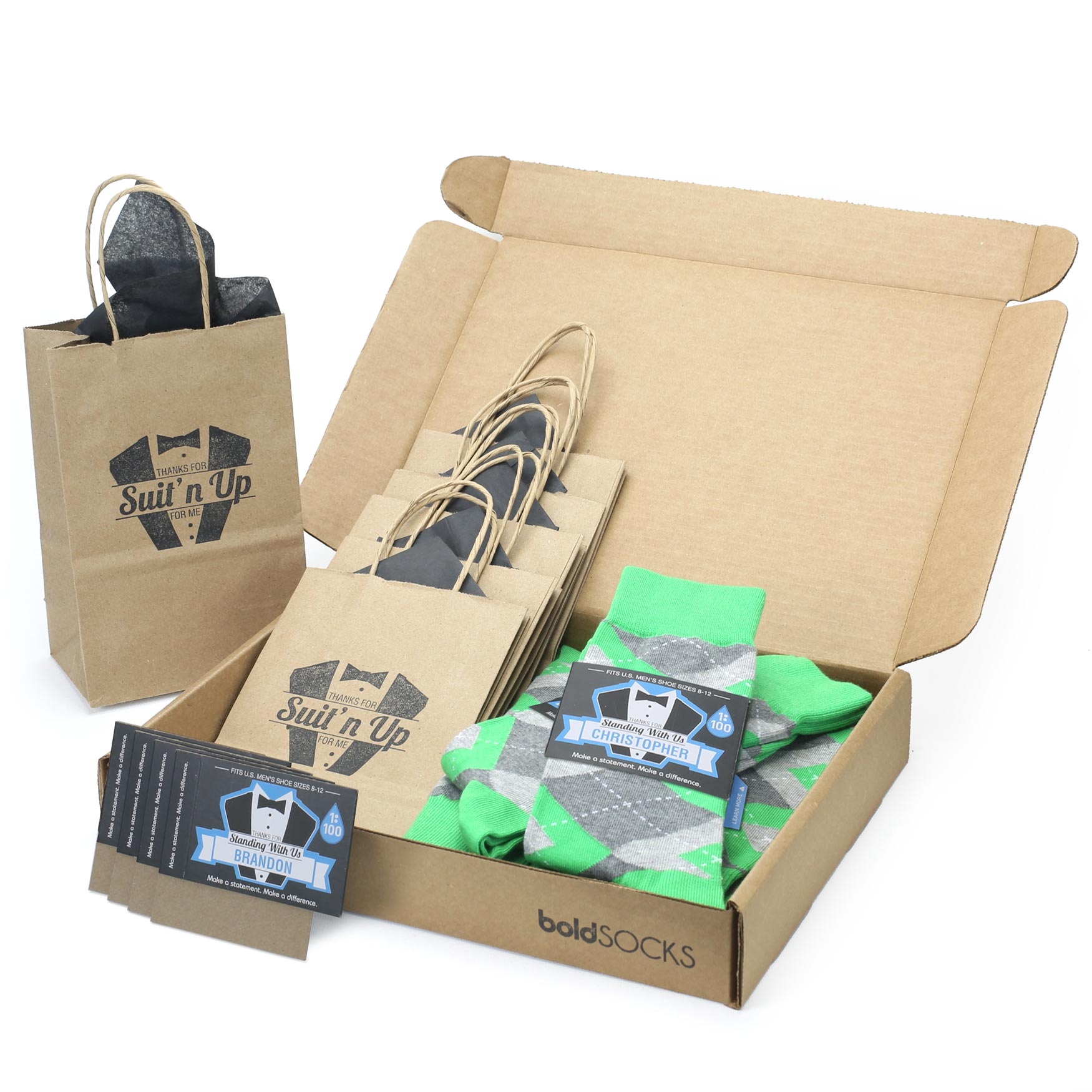 Customizable Groomsmen Gift Set Kelly Green Gray Argyle Men’s Dress Socks