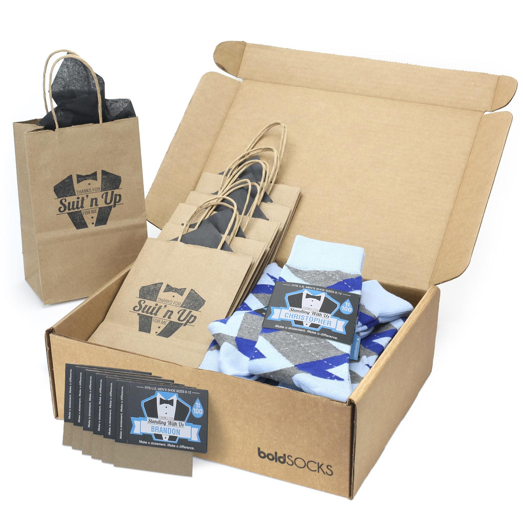 Customizable Groomsmen Kit Gift Set Blue Cobalt Gray Argyle Men’s Dress Socks