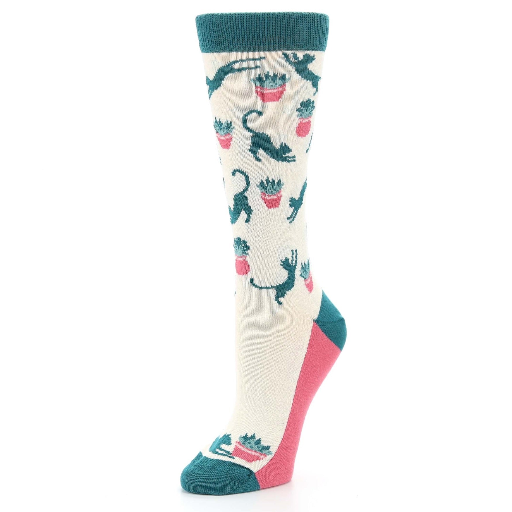 Cream Teal Cat Socks - Women's Novelty Socks